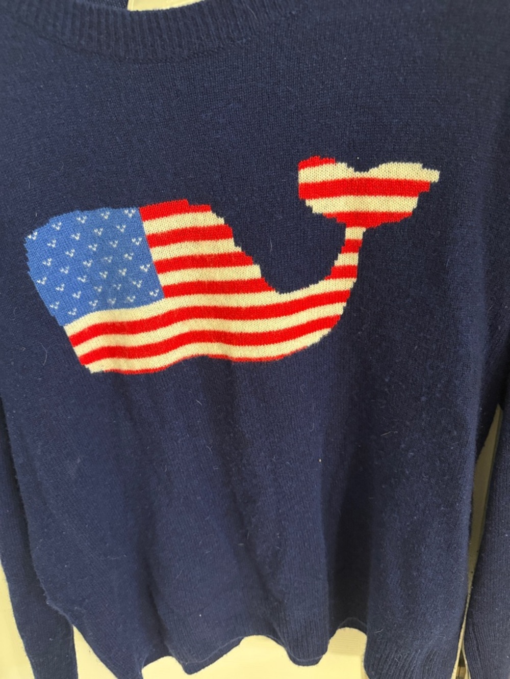 Vineyard Vines Navy Crewneck Sweater with American Flag Whale - Picture 3 of 5
